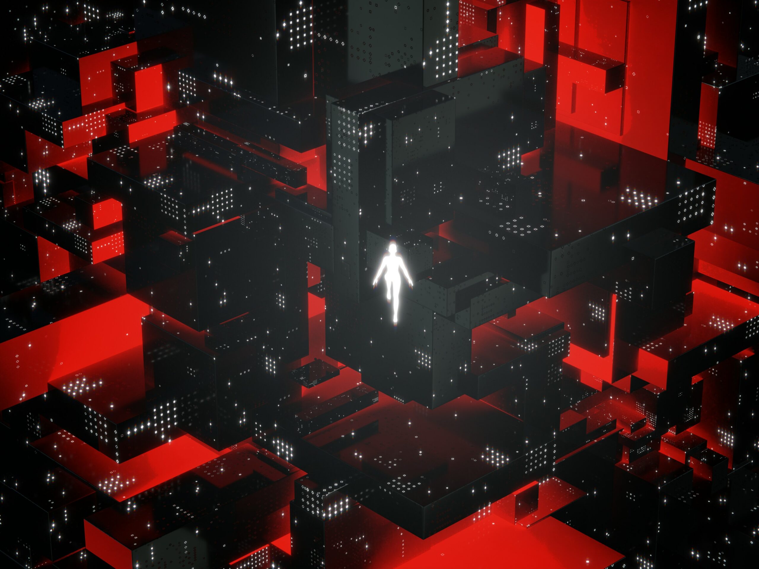 a person walking through a maze of red and black cubes